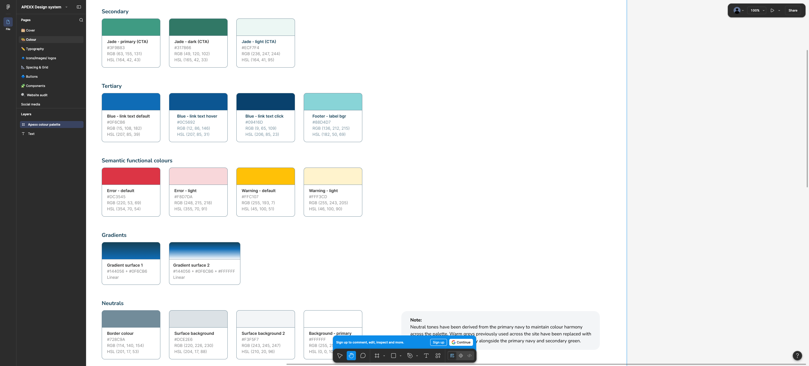 Figma colour page: tertiary, semantic, gradients, neutrals