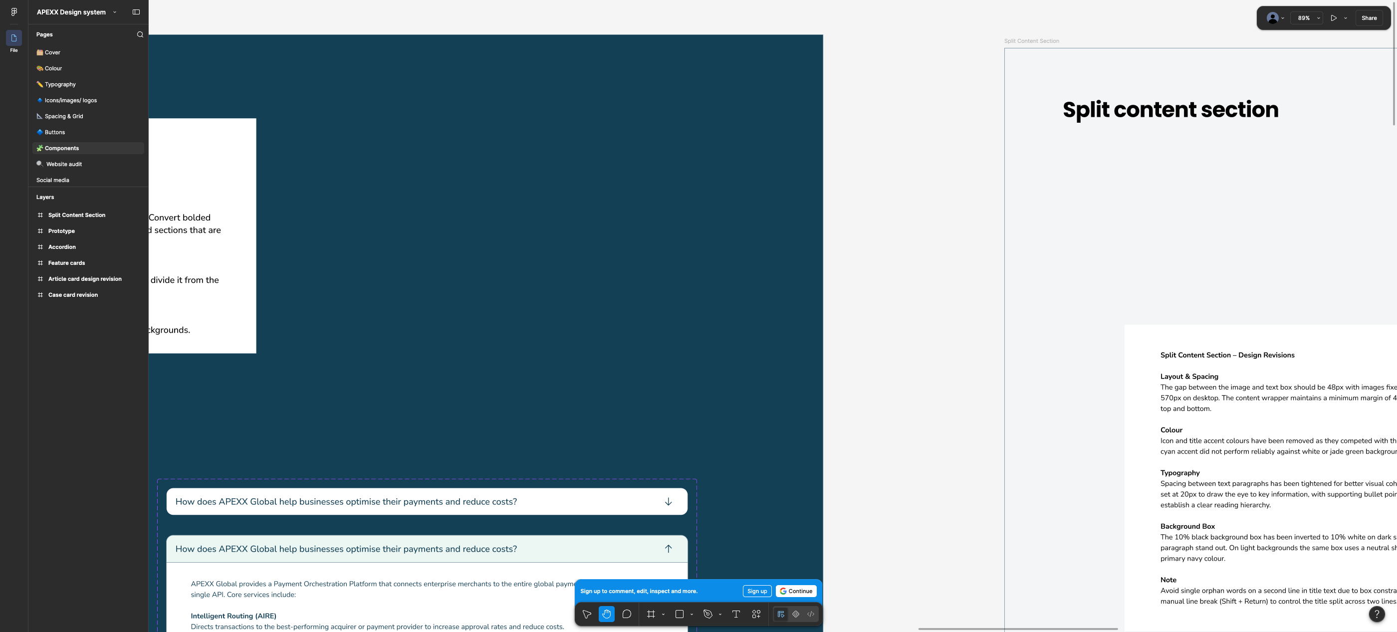 Split content section revisions